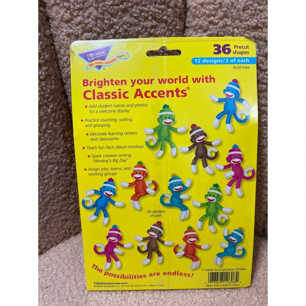 Trend Enterprises Sock Monkeys Classic Accents Variety Pack 36 Pieces T-10608